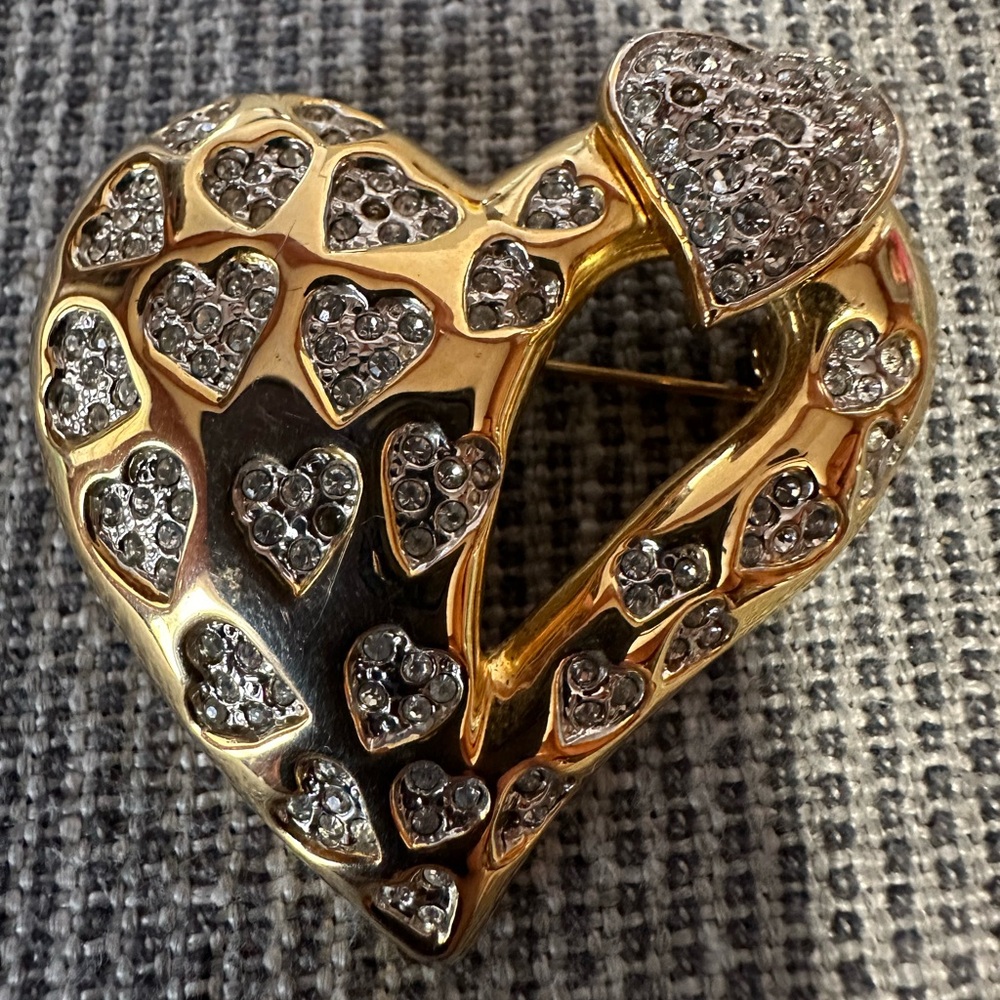 Romantic Gold and Silver Heart Brooch with Crystal Accents